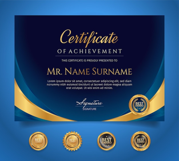 Niebieski I Złoty Certyfikat Szablonu Granicy Osiągnięć Z Luksusowymi Odznakami