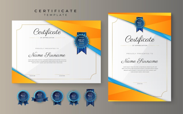 Niebieski I żółty Pomarańczowy Certyfikat Osiągnięcia Granicy Szablon Z Luksusową Odznaką I Nowoczesnym Wzorem Linii Dla Potrzeb Biznesowych I Edukacyjnych