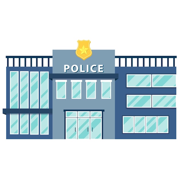 Niebieski Komisariat Policji Z Dużą Ilością Okien I Nowoczesną Konstrukcją Ze Złotym Symbolem Odznaki