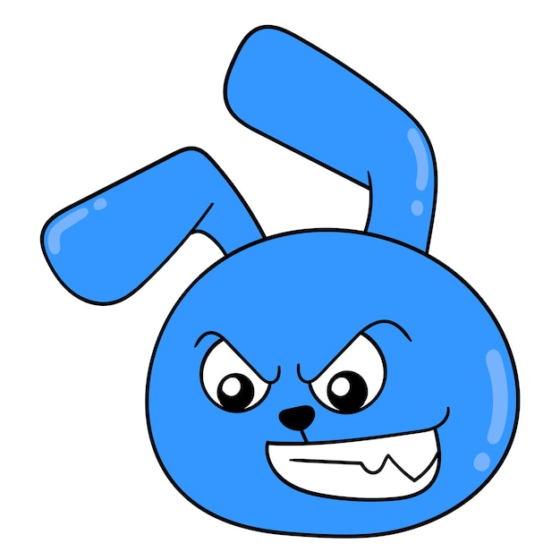 Niebieski królik głowa zwierzę jest zły, wektor ilustracja karton emotikon. doodle rysunek ikona