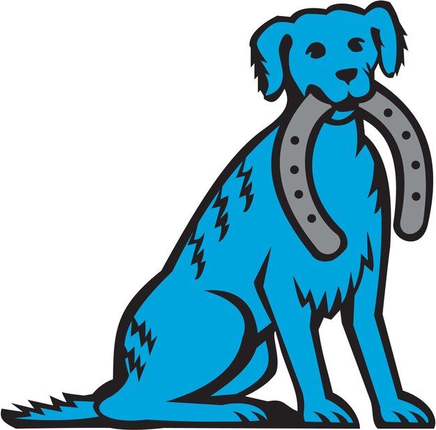 Plik wektorowy niebieski merle pies siedzący ugryzający podkowy retro