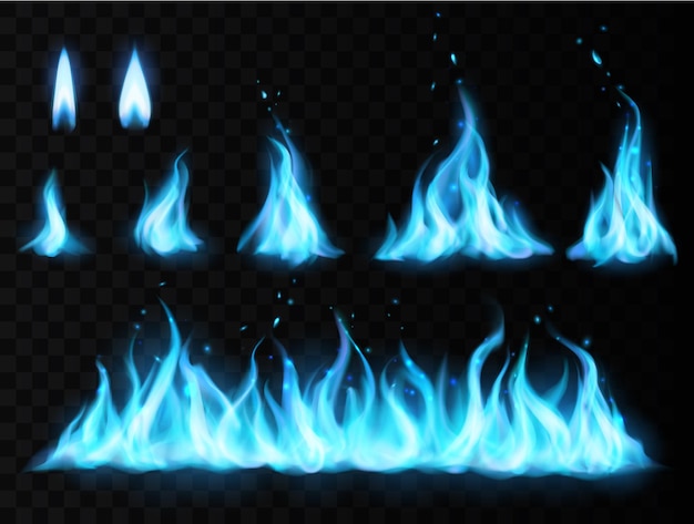 Niebieski ogień płomień wektor zestaw przezroczyste tło