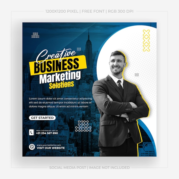 Niebieski plakat, który mówi o świetnych rozwiązaniach marketingowych dla biznesu.