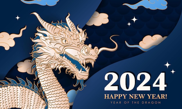 Niebieski Plakat Z Ręcznie Narysowanym Papierem Chińskiego Smoka Jako Tradycyjnego Symbolu Nowego Roku Księżycowego 2024