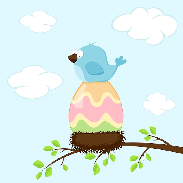 Plik wektorowy niebieski ptak w gnieździe inkubuje kolorową ilustrację jajka wielkanocnego