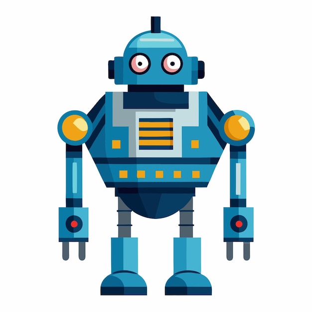 niebieski robot z żółtym nosem i czarno-białą twarzą