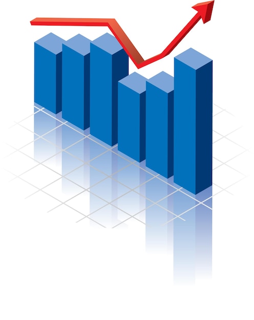 Niebieski rosnący wykres słupkowy z czerwoną strzałką na białym tle Renderowanie 3D w wysokiej rozdzielczości