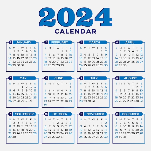 Niebieski Szablon Kalendarza ściennego W Języku Angielskim Na Rok 2024 Harmonogram Wydarzeń Wektor Projekt