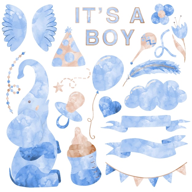 Niebieski wektor akwarela zestaw mały chłopiec urodziny