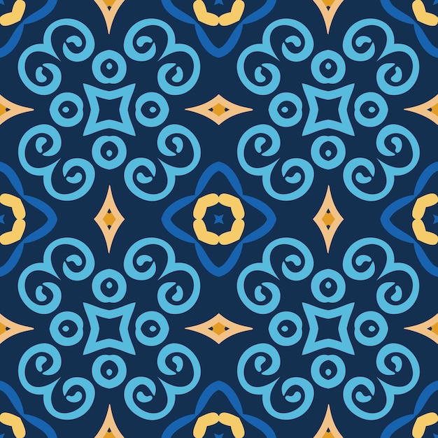 Niebieski wzór bezszwodowe tkanie tła Złożona orientalna dekoracja Elegantny abstrakcyjny element projektowania kwiatowego Kwiatowa krzywa płytka kwadratowa Żółty złoty i brązowy kolory Luksusowa tapeta pokrywa podłogę