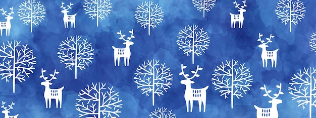 Niebieski Zimowy Akwarelowy Tło Z Jelenami I Drzewami