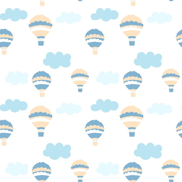 Plik wektorowy niebieskie i beżowe balony na niebie bezszwowy wzór koszyk chmur