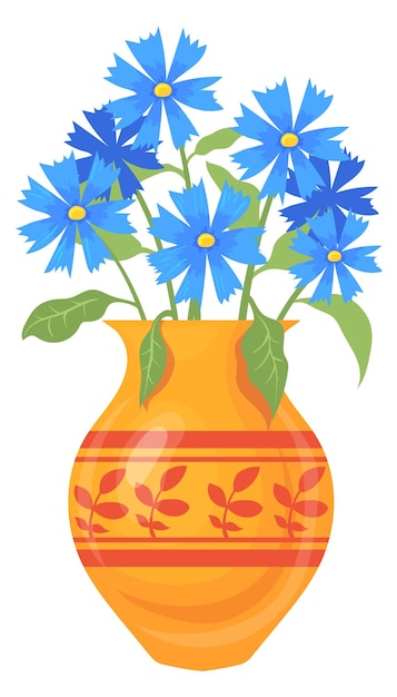 Plik wektorowy niebieskie kwiaty w ceramicznym wazonie bukiet kwiatów łąkowych