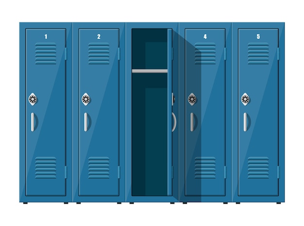 Plik wektorowy niebieskie metalowe szafki. szafki w szkole lub na siłowni ze srebrnymi uchwytami i zamkami.
