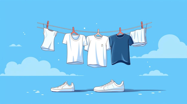 Plik wektorowy niebieskie niebo z białymi koszulkami wiszącymi na linii odzieży