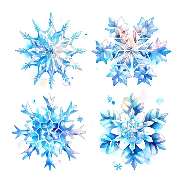 Niebieskie płatki śniegu akwarel w pięknym stylu na białym tle zimowy sezon wakacyjny zestaw wektorowy