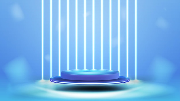 Niebieskie podium unoszące się w powietrzu w jasnej scenie świetlnej ze ścianą linii pionowych białych lamp neonowych na tle