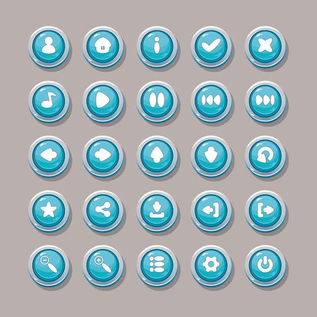 Niebieskie przyciski wektorowe z ikonami do projektowania interfejsu gry