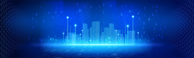niebieskie środowisko technologiczne miasta cyfrowego z systemem liczb binarnych i cyfrową mapą świata