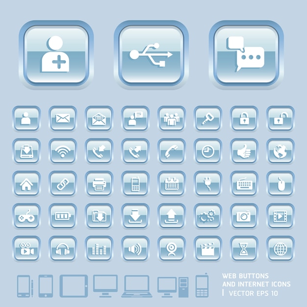 Plik wektorowy niebieskie szklane przyciski i ikony internetowe dla stron internetowych, aplikacji i tabletów mobile