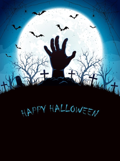 Niebieskie tło Halloween z księżycem i ręką na cmentarzu