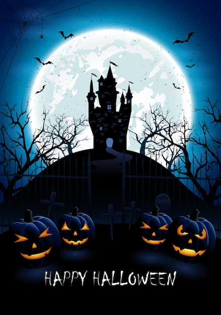 Niebieskie tło Halloween z zamkiem i dyniami