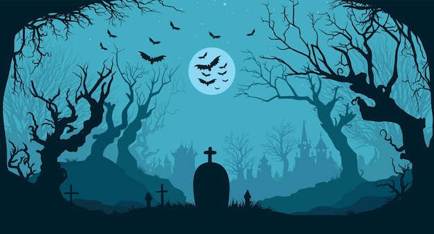 Plik wektorowy niebieskie tło tapety halloween z płaskimi starymi grobami na cmentarzu latającym nietoperzem w czasie pełni księżyca