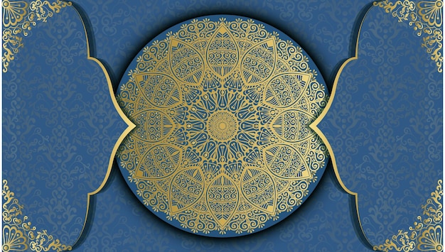 Plik wektorowy niebieskie tło ze złotym wzorem i niebieskie tło z napisem „ramadan”.