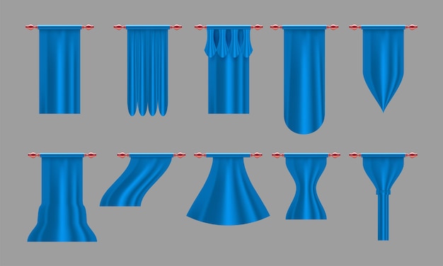 Plik wektorowy niebieskie zasłony. zestaw realistyczna luksusowa zasłona gzyms wystrój domowa tkanina wnętrze draperia tekstylna lambrekin, ilustracja wektorowa zestaw zasłon