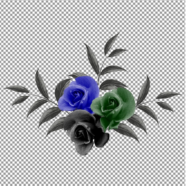 Niebieskie, Zielone I Czarne Kwiaty Róży Akwareli Z Przezroczystym Tłem