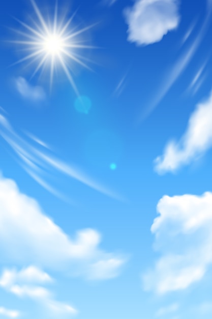 Plik wektorowy niebieskiego nieba tło z białym słońcem i chmurami.