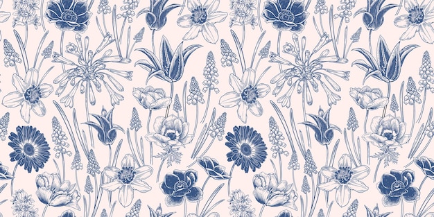 Niebiesko-biała Okładka Kwiatowy Wzór Bez Szwu Tło Rocznika Wiosny Vector