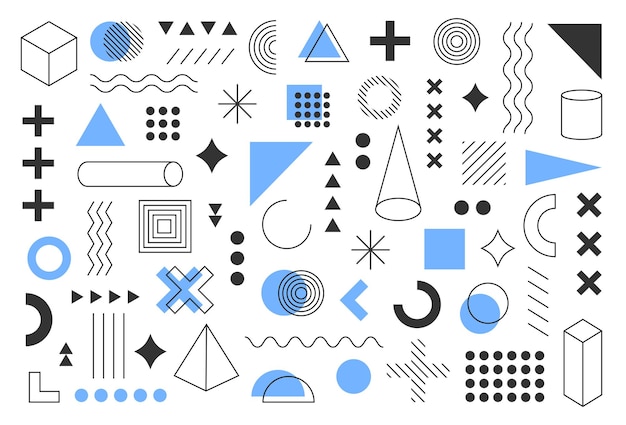 Niebiesko-czarne tło Memphis zestaw geometrycznych kształtów Memphis Bauhaus nowoczesny wektor