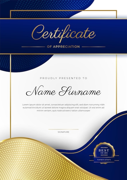 Niebiesko-złoty Szablon Certyfikatu Osiągnięć Z Luksusową Odznaką I Nowoczesnym Wzorem Linii Dla Potrzeb Biznesowych I Edukacyjnych