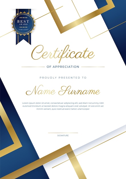 Niebiesko-złoty Szablon Certyfikatu Osiągnięć Z Luksusową Odznaką I Nowoczesnym Wzorem Linii Dla Potrzeb Biznesowych I Edukacyjnych