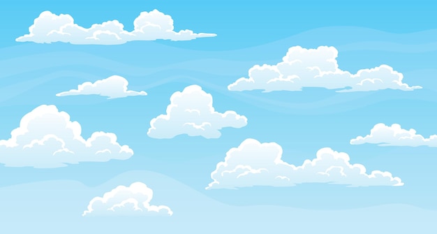 Plik wektorowy niebo z puszystymi chmurami w słoneczny dzień. kreskówka czas letni z niebieskim cloudscape. raj niebo w tle.