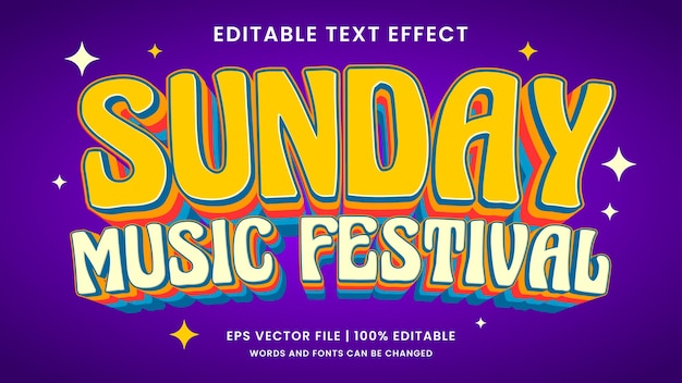 Plik wektorowy niedzielny festiwal edytowalny efekt tekstowy w stylu vintage i retro z lat 70.