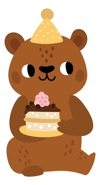 Niedźwiadek Z Tortem Urodzinowym I Kapeluszem Na Przyjęcie Urocza Uroczystość Zwierząt
