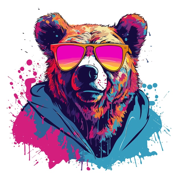Niedźwiedź grizzly hipster w okularach przeciwsłonecznych i koszuli Zabawna grafika wektorowa na koszulki z kubkami