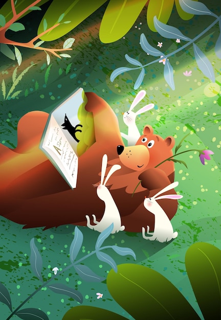 Niedźwiedź I Króliki Czytają Bajkową Książkę W Lesie