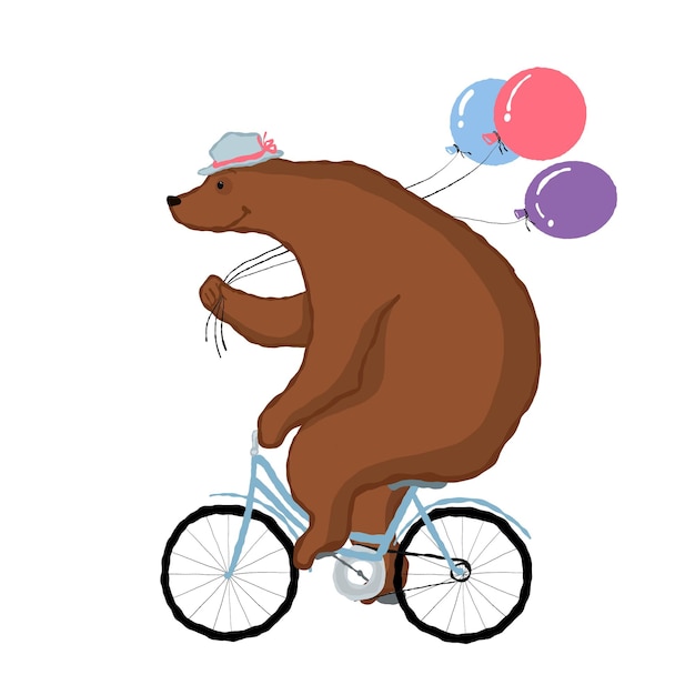 Niedźwiedź na rowerze z balonami wakacyjna ilustracja z postacią z kreskówki wektor clipart