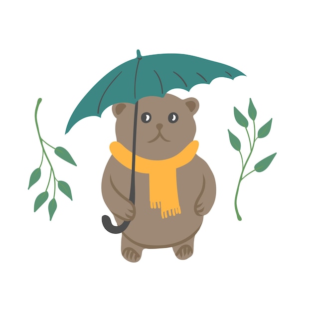Plik wektorowy niedźwiedź z szalikiem trzyma parasol ozdobiony gałązkami na białym tle