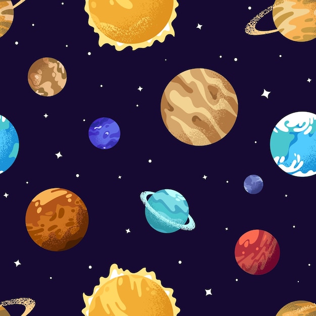 Niekończące się tło z układem słonecznym Powtarzalny wzór planet kul słońce gwiazdy ciała niebieskie asteroidy w kosmosie Tło wszechświata kosmos galaktyka Płaska ilustracja wektorowa bez szwu