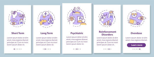 Niekorzystny wpływ marihuany na ekran strony aplikacji mobilnej z koncepcjami. Konopie za pomocą reakcji na zdrowie Opis przejścia 5 kroków instrukcji graficznych. Szablon wektorowy interfejsu użytkownika z kolorowymi ilustracjami RGB