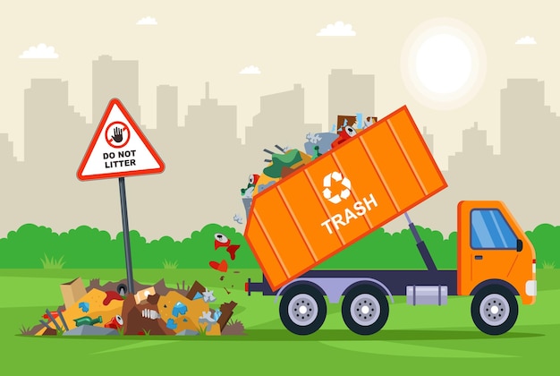 Plik wektorowy nielegalne jest wrzucanie odpadów miejskich do wywrotki, która rozładowuje odpady