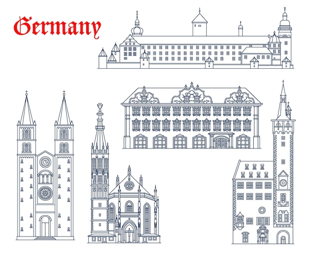 Niemcy, budynki architektoniczne Würzburga i zabytki podróży, kościoły wektorowe. Marienkapelle lub kościół z kaplicą Mariacką, twierdza Marienberg Festung, Haus zum Falken lub Falkenhaus i Saint Kilians Dom