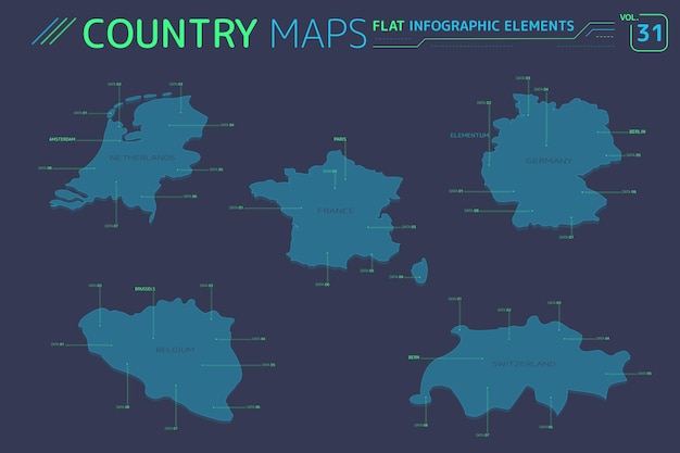 Niemcy, francja, belgia, holandia i szwajcaria, mapy wektorowe