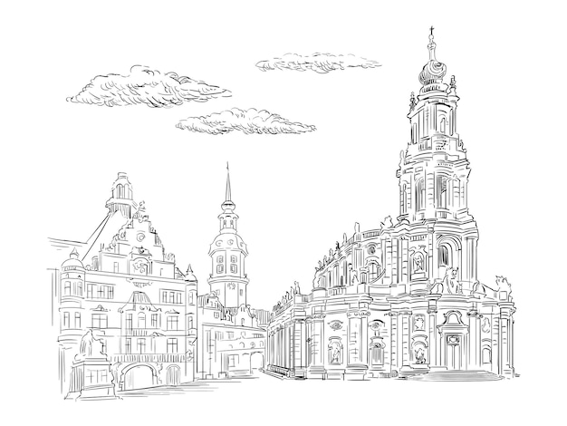 Niemcy ręcznie narysowany punkt orientacyjny Theaterplatz w Dreźnie wektor