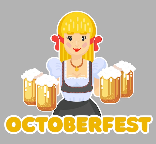 Niemka Z Piwem. Projektowanie Logo Oktoberfest. Dziewczyna Kelnerka W Tradycyjne Stroje. Płaska Ilustracja