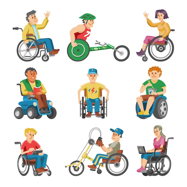 Niepełnosprawni Na Wózku Inwalidzkim Osoby Niepełnosprawnej Z Niepełnosprawnością Fizyczną Ilustracja Zestaw Niepełnosprawnego Mężczyzny Siedzącego Na Wózku Inwalidzkim Z Na Białym Tle
